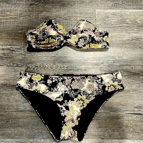 Victoria's Secret Bikini Padded Bandeau Black Floral 34B M - no straps - Picture 2 of 8